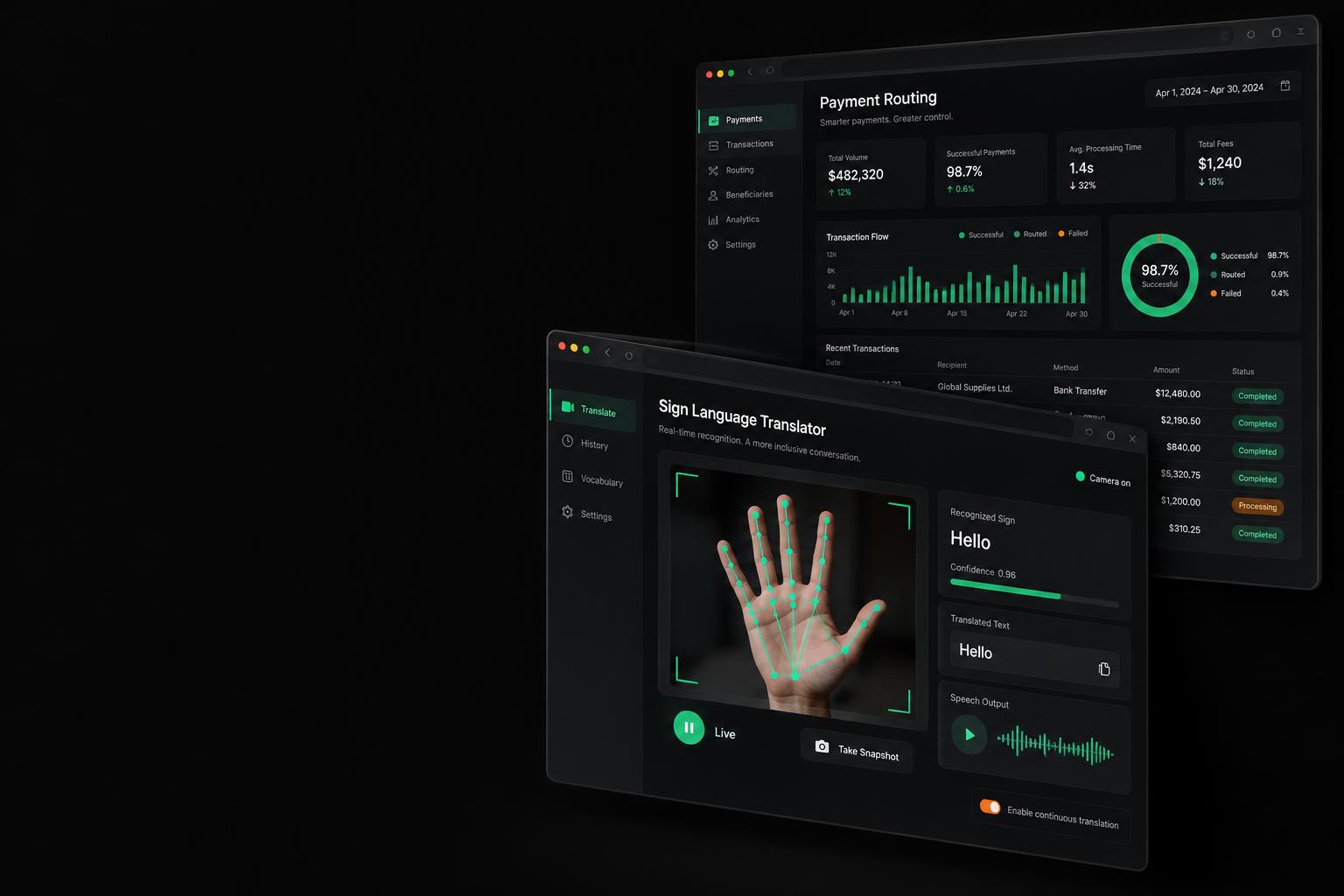 Illustrative accessibility and payment platform interfaces